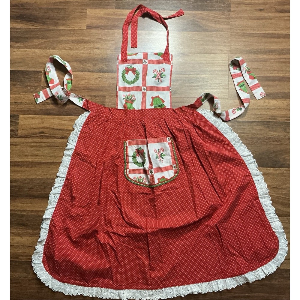Handmade Red Polka Dot Christmas Themed Apron W/bib White Eyelet Ruffled Lace